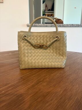 Woven Leather Top-Handle Tote in Light Sage Green
